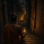 Robed devotee carrying an oil lamp through an inscribed temple corridor in saffron, antique gold, umber, and charcoal Ethnic Wall Art