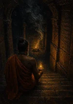Robed devotee carrying an oil lamp through an inscribed temple corridor in saffron, antique gold, umber, and charcoal Ethnic Wall Art