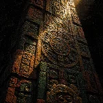 Mesoamerican-inspired carved monolith with circular symbols and sculptural faces in oxidized jade, terracotta, antique gold, and obsidian Architecture Wall Art