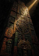 Mesoamerican-inspired carved monolith with circular symbols and sculptural faces in oxidized jade, terracotta, antique gold, and obsidian Architecture Wall Art