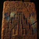 Mesopotamian-inspired clay tablet with a stepped temple relief, cuneiform-like markings, lapis blue, turquoise, and earthen tones in Architecture Wall Art