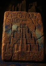 Mesopotamian-inspired clay tablet with a stepped temple relief, cuneiform-like markings, lapis blue, turquoise, and earthen tones in Architecture Wall Art