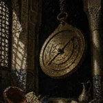 Suspended brass celestial instrument in a Moorish-inspired chamber with cobalt tiles, ivory columns, dark water, and obsi