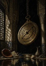 Suspended brass celestial instrument in a Moorish-inspired chamber with cobalt tiles, ivory columns, dark water, and obsi