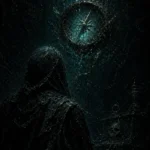 Hooded observer facing a suspended celestial compass in midnight teal, obsidian black, oxidized bronze, and muted gold Astronomy Wall Art