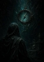 Hooded observer facing a suspended celestial compass in midnight teal, obsidian black, oxidized bronze, and muted gold Astronomy Wall Art
