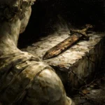 Ancient bronze dagger on a fractured stone plinth beside a weathered sculptural figure in charcoal, ivory, and gold, classical antiquity-inspired Gothic Wall Art