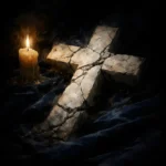 Fractured stone cross beside a burning candle on midnight blue drapery in aged ivory, amber, and charcoal, Medieval-inspired Gothic Wall Art