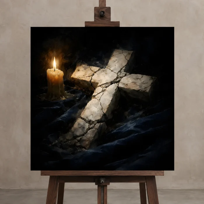 Fractured Vigil Gothic Wall Art One of One Canvas Print displayed on a studio easel