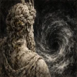 Classical female figure facing a swirling dark vortex in aged ivory, charcoal, and gray, Symbolist-inspired Monochrome Wall Art
