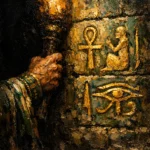 Egyptian-inspired figure viewing a relief with an ankh and Eye of Horus in antique gold, teal, sandstone, and black Ethnic Wall Art