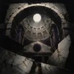 Ruined Roman-inspired domed interior with a luminous oculus, fractured stone arches, black, gray, limestone, and purple Architecture Wall Art