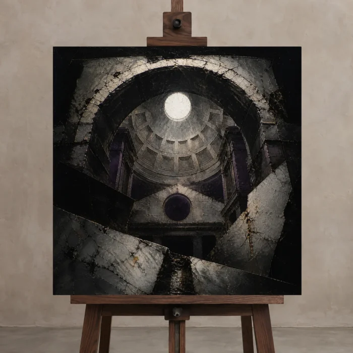 Oculus of Ruin Architecture Wall Art One of One Canvas Print displayed on a studio easel