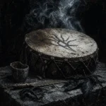 Ceremonial drum with engraved blade, metal cup, black feathers, and rising smoke in ivory, black, and silver Indigenous-inspired Ethnic Wall Art