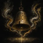 Fractured ceremonial bell above a glowing geometric sigil with curling smoke in black, bronze, ivory, and antique-gold Gothic Wall Art