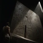 Classical draped figure facing a monumental geometric stone gateway in black, concrete gray, umber, and ivory Architecture Wall Art