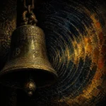 Aged ceremonial bell suspended before a concentric vaulted chamber in obsidian black, deep teal, bronze, and antique-gold Gothic Wall Art