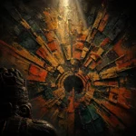 Ceremonial figure facing a radiant geometric disc in obsidian black, burnt orange, deep teal, and antique gold Pre-Columbian-inspired Ethnic Wall Art