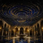 Moorish-inspired courtyard beneath a midnight-blue celestial dome with golden orbital patterns, arches, and a central fountain, Architecture Wall Art