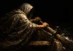 Hooded ferryman rowing a wooden boat through dark water in a charcoal black and antique gold Baroque-inspired scene, Dark Academia Wall Art