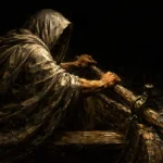 Hooded ferryman rowing a wooden boat through dark water in a charcoal black and antique gold Baroque-inspired scene, Dark Academia Wall Art