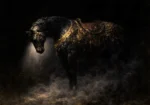 Black ceremonial horse with antique-gold harness and oxblood saddle in a smoky Baroque-inspired composition, Animal Wall Art