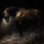 Black ceremonial horse with antique-gold harness and oxblood saddle in a smoky Baroque-inspired composition, Animal Wall Art