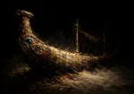 Ancient Mediterranean-inspired ceremonial vessel with gilded eye motifs in obsidian black, antique gold, ivory, and lapis blue, Ethnic Wall Art