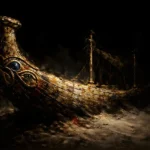 Ancient Mediterranean-inspired ceremonial vessel with gilded eye motifs in obsidian black, antique gold, ivory, and lapis blue, Ethnic Wall Art