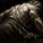 Chained muscular male figure in marble white, obsidian black, and antique bronze with Greco-Roman and Baroque influence, Classical Nude Wall Art