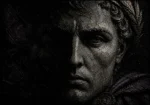 Shadowed classical face with laurel detail in obsidian black, stone gray, and muted violet, Greco-Roman-inspired Monochrome Wall Art