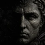 Shadowed classical face with laurel detail in obsidian black, stone gray, and muted violet, Greco-Roman-inspired Monochrome Wall Art