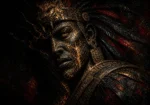 Mesoamerican-inspired ceremonial warrior with feathered headdress in obsidian black, antique gold, and deep crimson, Ethnic Wall Art