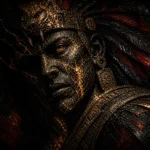 Mesoamerican-inspired ceremonial warrior with feathered headdress in obsidian black, antique gold, and deep crimson, Ethnic Wall Art