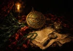 Candlelit armillary sphere with manuscripts, magnifying glass, and scholarly objects in antique gold, parchment ivory, and oxblood, Astronomy Wall Art
