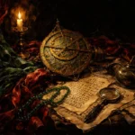 Candlelit armillary sphere with manuscripts, magnifying glass, and scholarly objects in antique gold, parchment ivory, and oxblood, Astronomy Wall Art