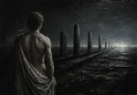Partially draped male figure facing receding stone monoliths across dark water in black, graphite, pewter, and storm blue, Classical Nude Wall Art