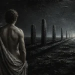 Partially draped male figure facing receding stone monoliths across dark water in black, graphite, pewter, and storm blue, Classical Nude Wall Art