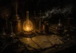 Glowing alchemical glass vessel beside an open manuscript, metal containers, and smoke in black, amber, and antique gold, Dark Academia Wall Art