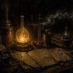 Glowing alchemical glass vessel beside an open manuscript, metal containers, and smoke in black, amber, and antique gold, Dark Academia Wall Art