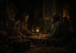 Two turbaned figures meeting beside a candlelit table in an Islamic world-inspired interior of black, antique gold, teal, and indigo, Ethnic Wall Art