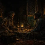Two turbaned figures meeting beside a candlelit table in an Islamic world-inspired interior of black, antique gold, teal, and indigo, Ethnic Wall Art