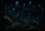 Submerged classical ruins beneath luminous jellyfish in abyssal black, deep teal, and oxidized bronze, Greco-Roman-inspired Architecture Wall Art