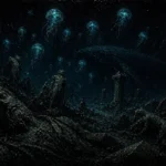 Submerged classical ruins beneath luminous jellyfish in abyssal black, deep teal, and oxidized bronze, Greco-Roman-inspired Architecture Wall Art