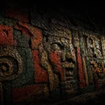 Mesoamerican-inspired ceremonial wall relief with carved faces and geometric symbols in obsidian black, terracotta, oxidized green, and antique gold, Ethnic Wall Art