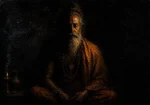 Candlelit bearded scholar in obsidian black, burnt umber, rust orange, and antique gold with Baroque-inspired chiaroscuro, Dark Academia Wall Art