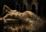 Reclining female figure beneath Gothic arches beside reflective water in obsidian black, aged ivory, antique gold, and deep lapis, Classical Nude Wall Art