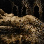Reclining female figure beneath Gothic arches beside reflective water in obsidian black, aged ivory, antique gold, and deep lapis, Classical Nude Wall Art