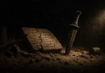 Inscribed ancient tablet beside a ceremonial blade and archaeological fragments in obsidian black, antique gold, umber, and lapis blue, Dark Academia Wall Art