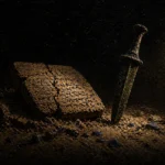 Inscribed ancient tablet beside a ceremonial blade and archaeological fragments in obsidian black, antique gold, umber, and lapis blue, Dark Academia Wall Art